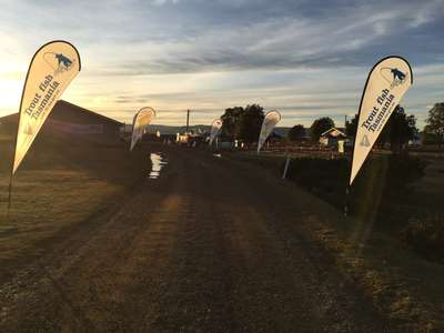 The entrance to the Inland Fisheries Service Liawenee Field Station as the sun rises, which is set up for Trout Weekend