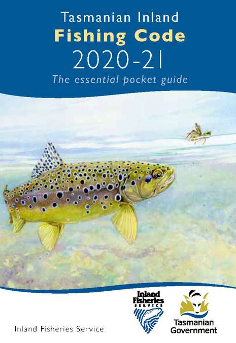 The front cover of the Tasmanian Inland Fishing Code 2020-21 with an illustration by local artist, Trevor Hawkins, of a brown trout.