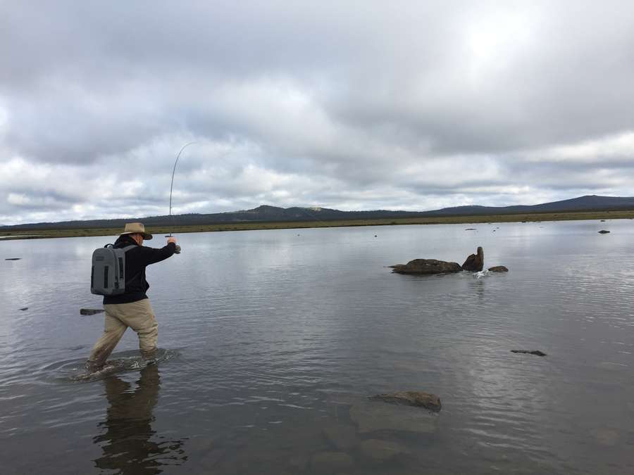 United States Journalist Kirk Deeter fishing the Nineteen Lagoons in Tasmania