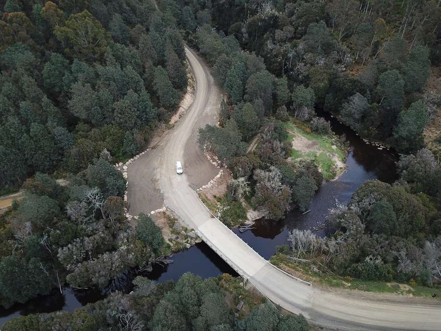 An aerial shot of the new gravel parking areas provide safe and level parking on the western side of the river