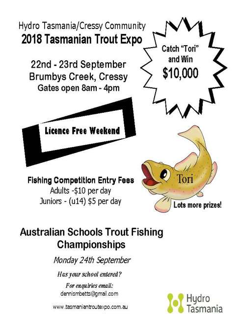 The flyer for the Hydro Tasmania/Cressy Community 2018 Trout Expo flyer for Saturday 22 and Sunday 23 September at Brumbys Creek, Cressy from 8am to 4pm daily