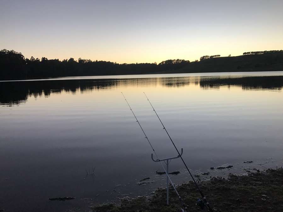 Two set fishing rods on the shore of South Riana Dam as day breaks on the opening of the 2018-19 trout season.